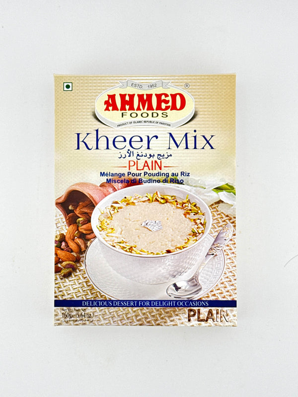 Ahmed Foods Kheer Mix plain rice pudding mix with nuts and silver garnish in white cup