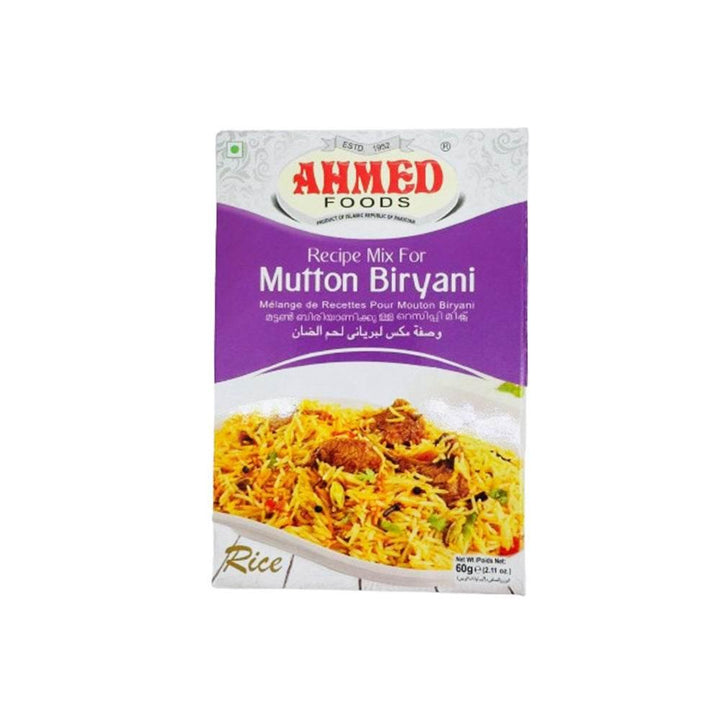 Ahmed Foods Mutton Biryani recipe mix box with image of cooked biryani rice and spices