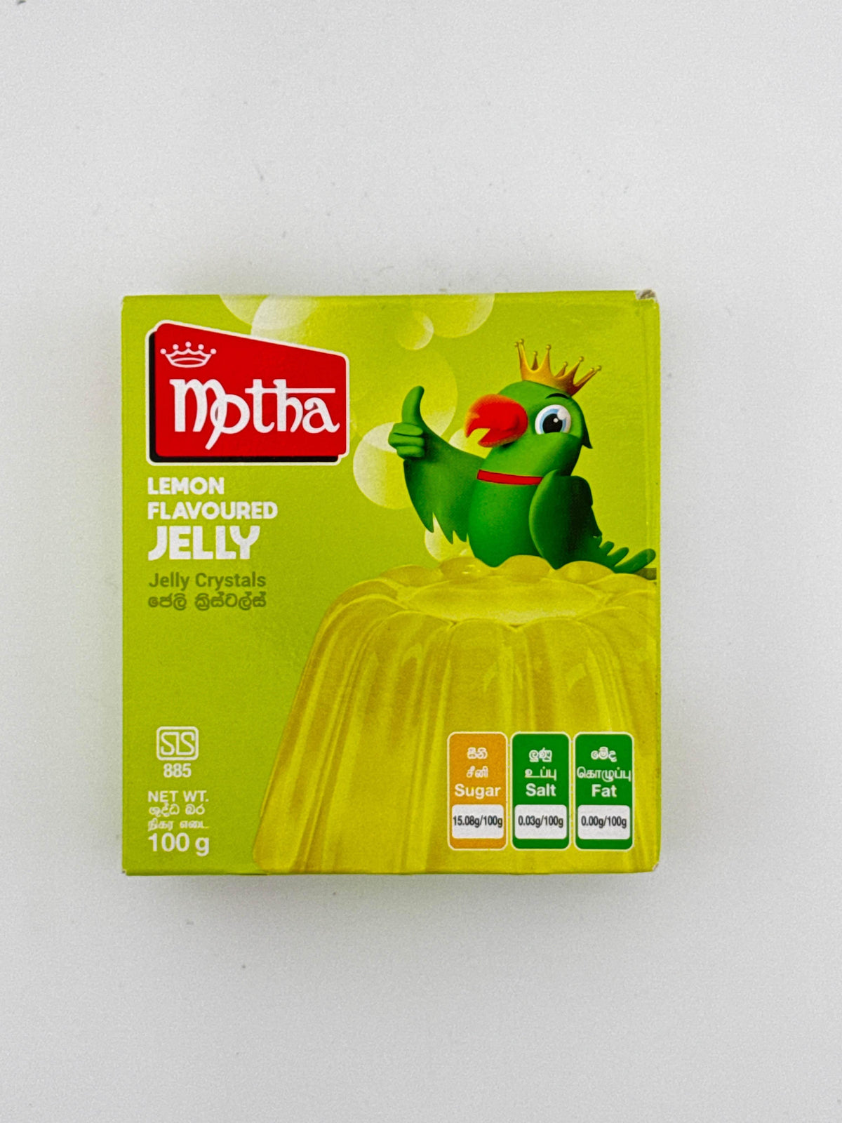Motha lemon flavoured jelly packet with cartoon green bird wearing a crown on yellow background