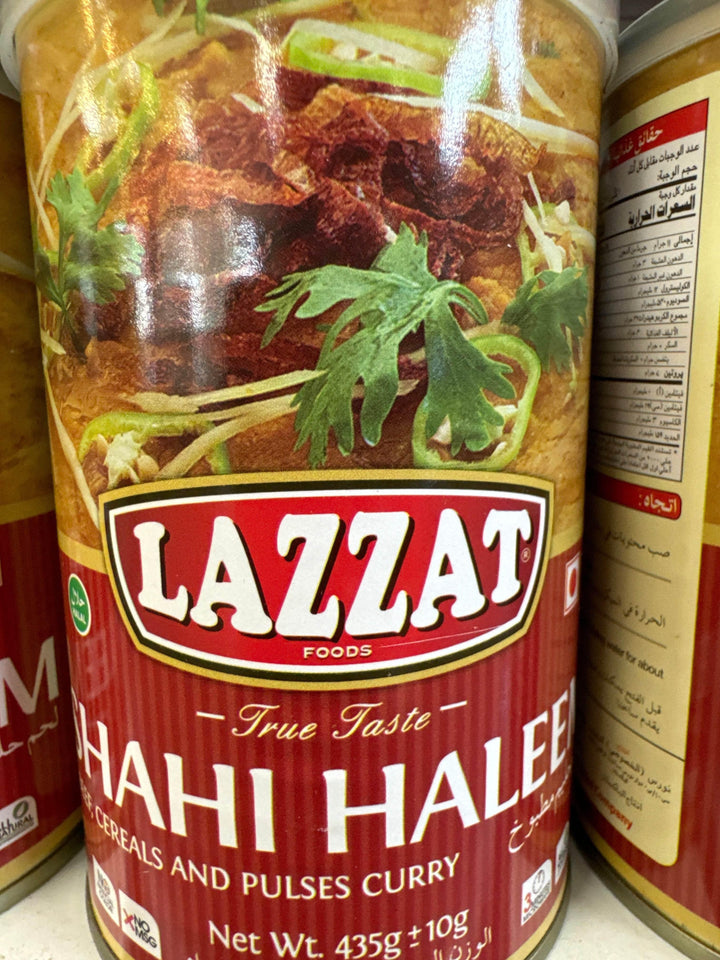 Lazzat Foods Chahi Haleem cereals and pulses curry can with herb garnish on label, 435g net weight