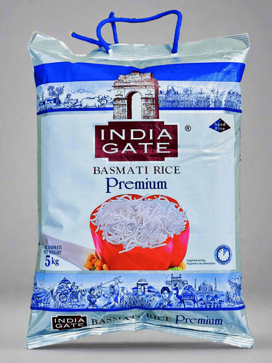 5kg India Gate Premium Basmati Rice bag with cooked rice image and traditional Indian illustrations
