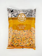 Ambika brand Mix Dal packaged in a clear bag with orange label and illustrated market scene