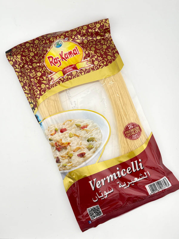 Raj Kamal vermicelli pasta in red and gold packaging with prepared dish image
