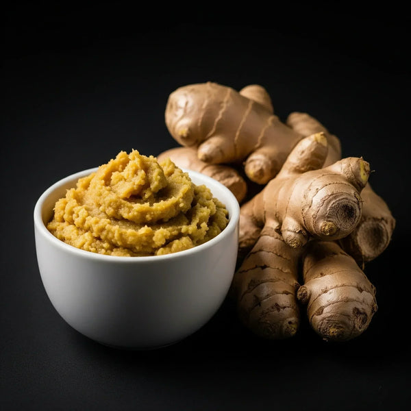 White bowl filled with ginger paste next to fresh whole ginger roots on black background