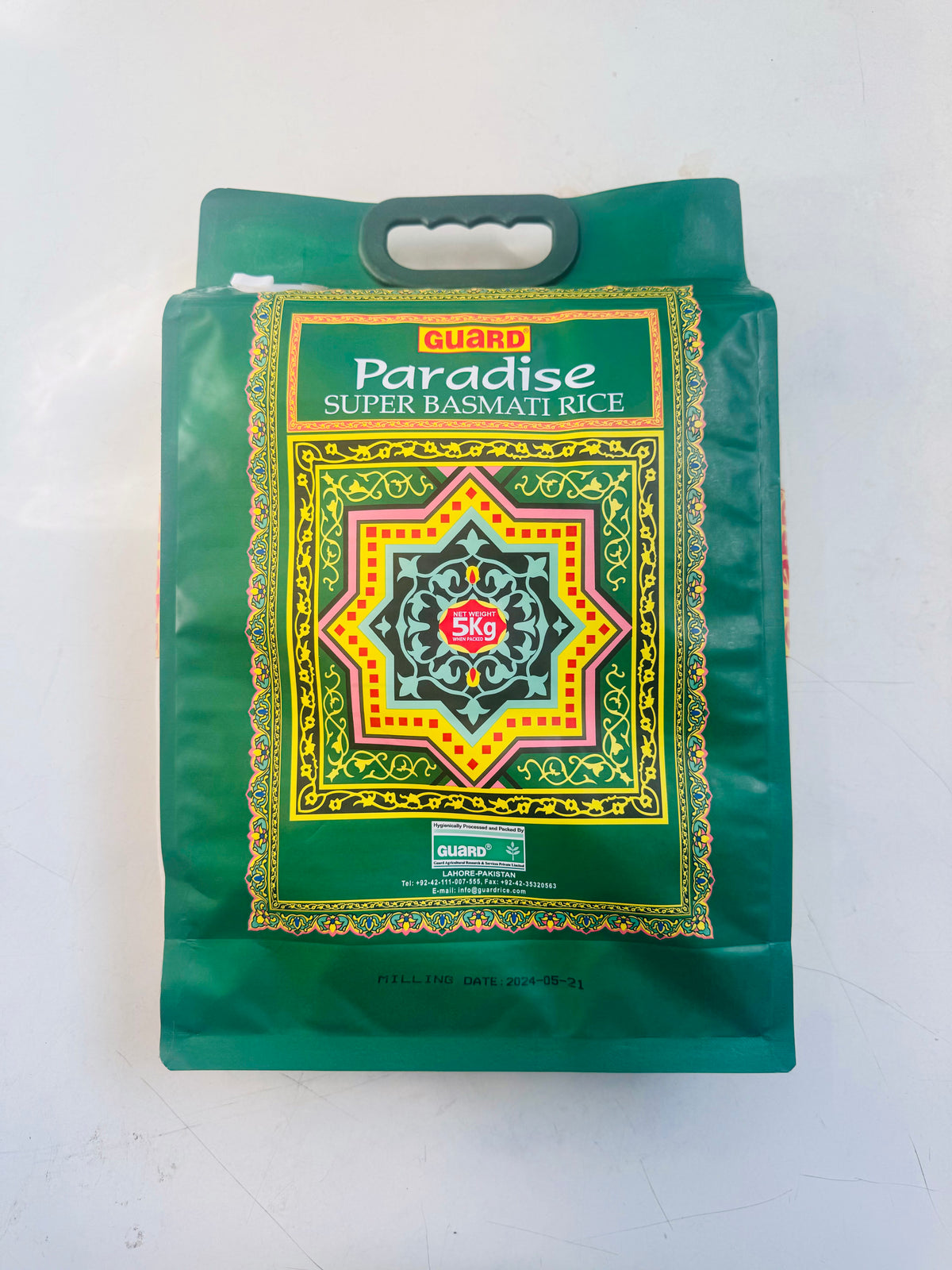 Guard Paradise Super Basmati Rice 5kg green bag with traditional geometric design and handle