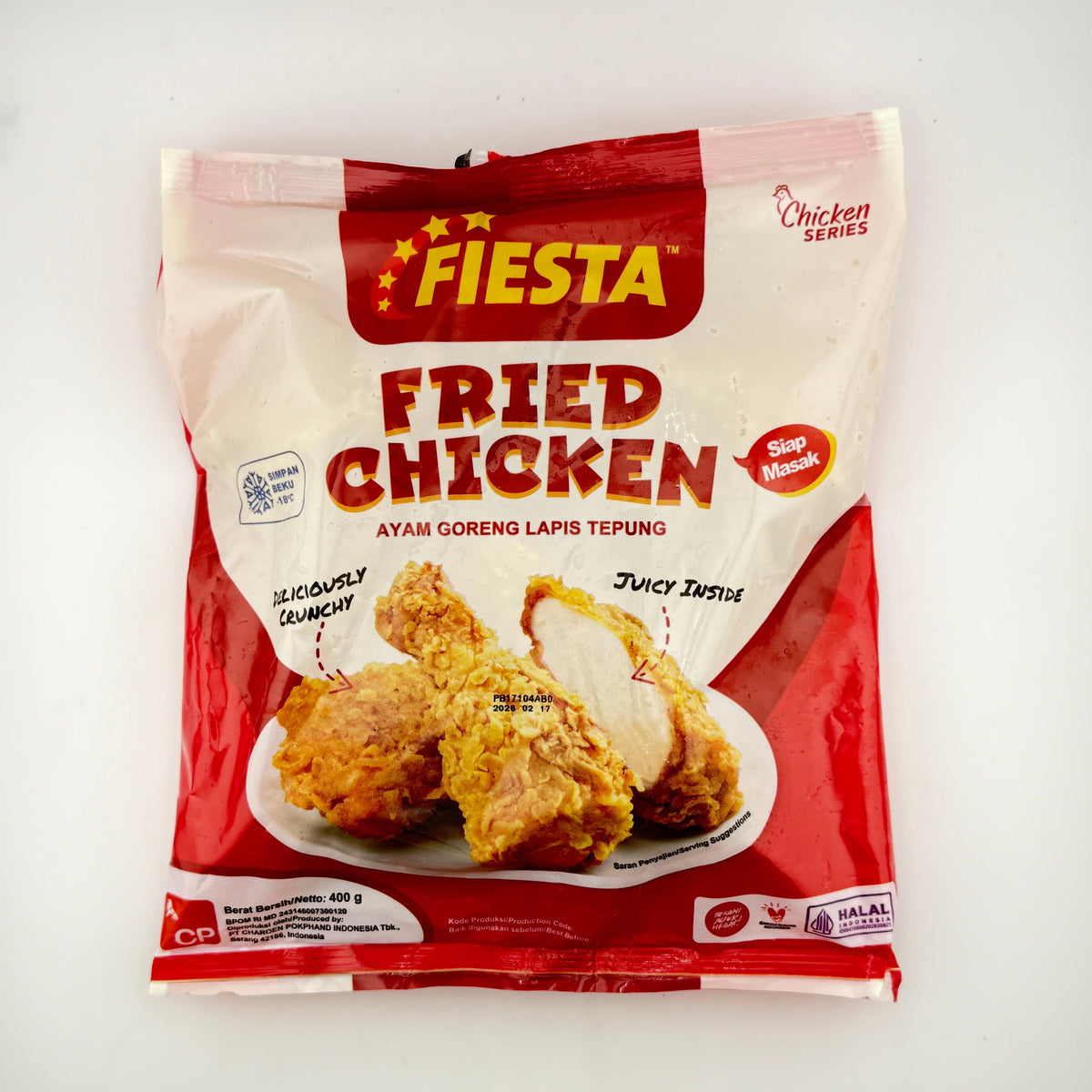 Fiesta Fried Chicken frozen package with crispy golden fried chicken image and red white design