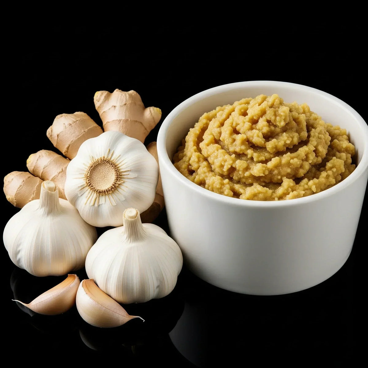 White bowl of ginger garlic paste with fresh garlic bulbs, garlic cloves, and ginger on black background