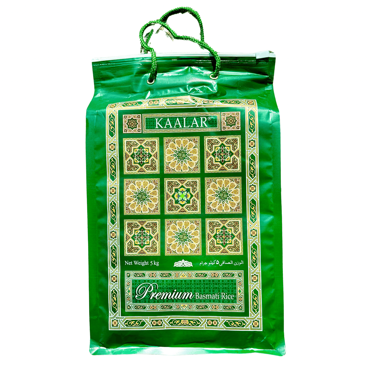 Green KAALAR bag with ornate gold and green patterns, holding 5kg Premium Basmati Rice