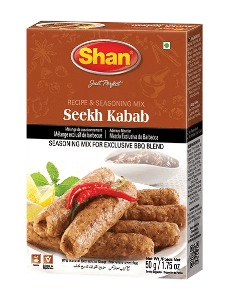 Shan Seekh Kabab seasoning mix box with grilled kababs, chili, and lemon, 50g pack