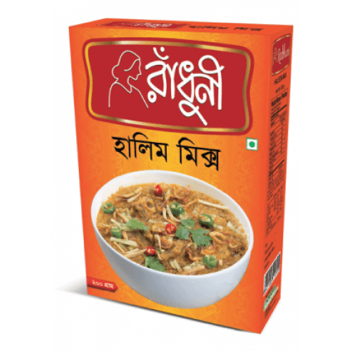 Radhuni brand Halim Mix packaged seasoning with bowl of traditional Halim curry on orange box