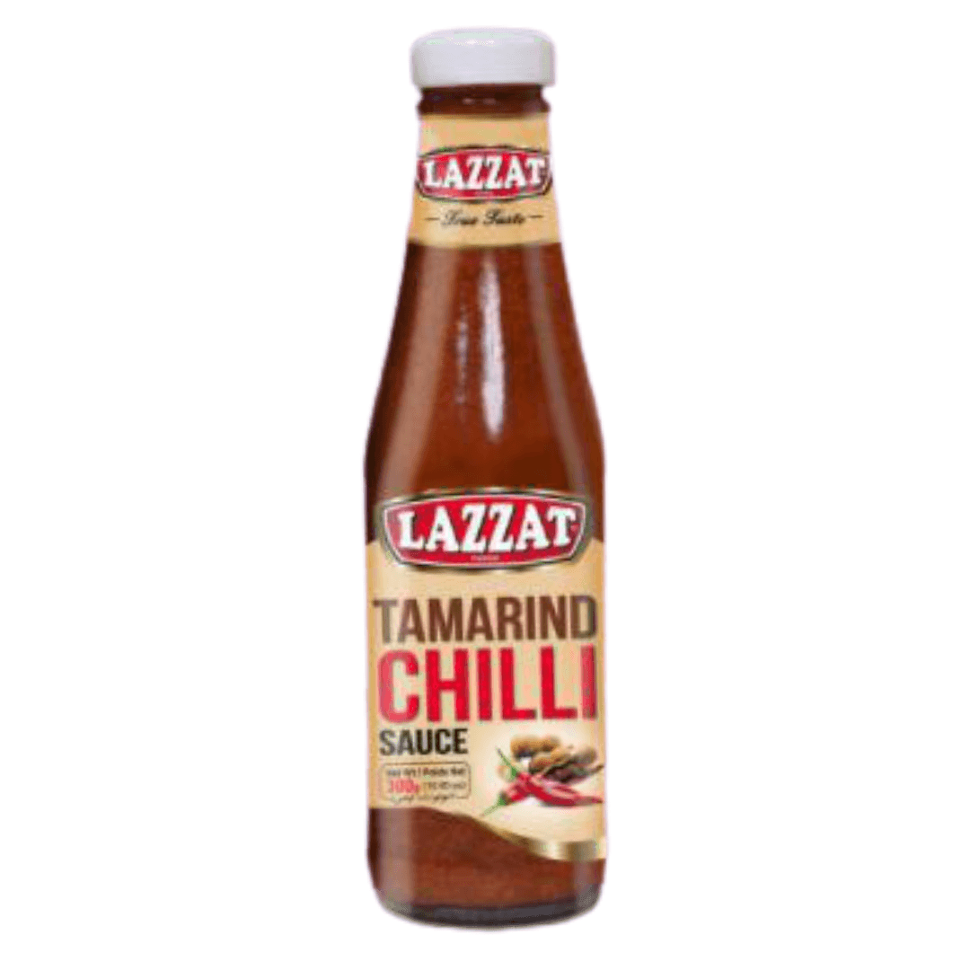 Bottle of Lazzat Tamarind Chilli Sauce with label showing tamarind and red chilies