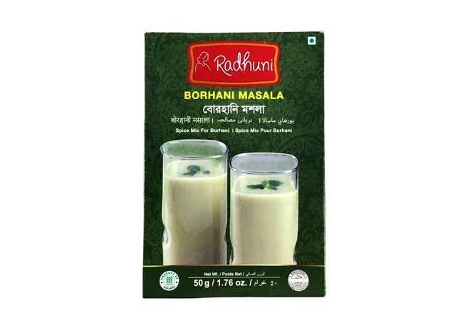 Radhuni Borhani Masala spice mix box with two glasses of creamy Borhani drink garnished with mint