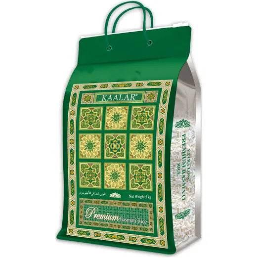 KAALAR premium basmati rice 5kg bag with green and gold decorative design