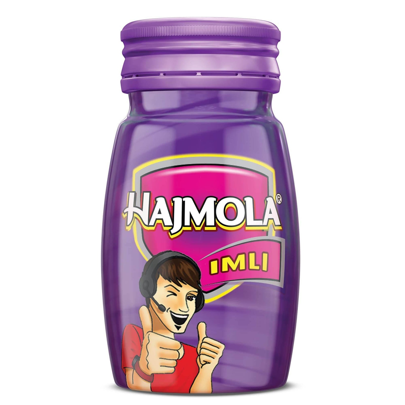Hajmola Imli digestive tablet bottle in purple with cartoon man giving thumbs up