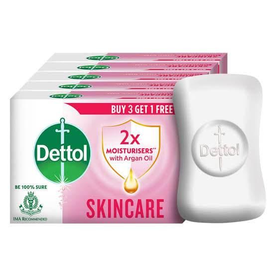 Dettol Skincare soap pack with argan oil, featuring 2x moisturizers, buy 3 get 1 free offer