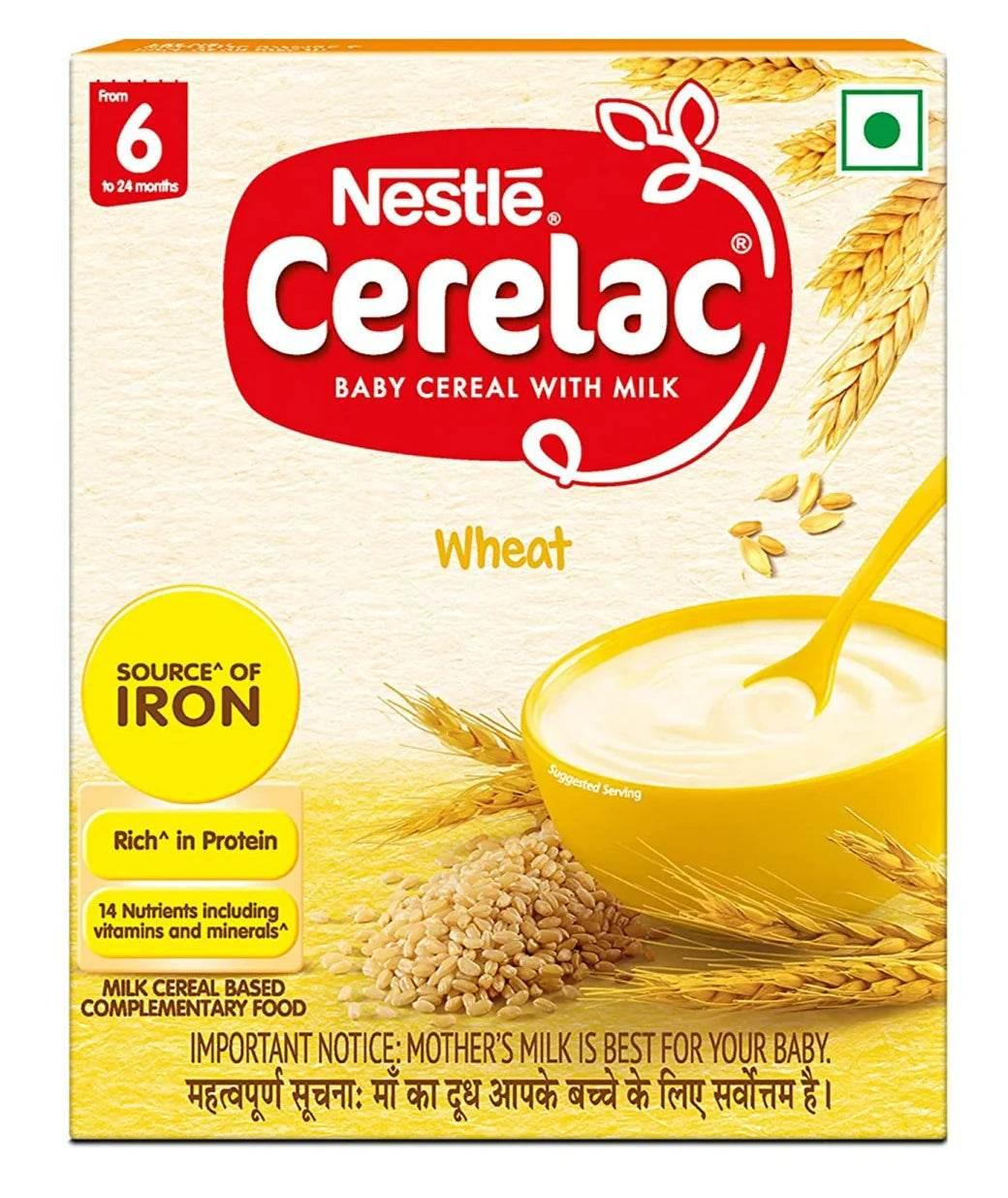 Nestlé Cerelac Wheat baby cereal with milk box, source of iron, protein, vitamins, and minerals