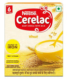 Nestlé Cerelac Wheat baby cereal with milk box, source of iron, protein, vitamins, and minerals