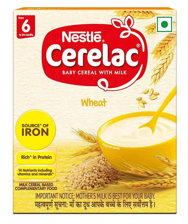 Nestlé Cerelac Wheat baby cereal with milk box, source of iron, protein, vitamins, and minerals