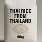 10kg white rice bag labeled Thai Rice from Thailand with oval window showing rice
