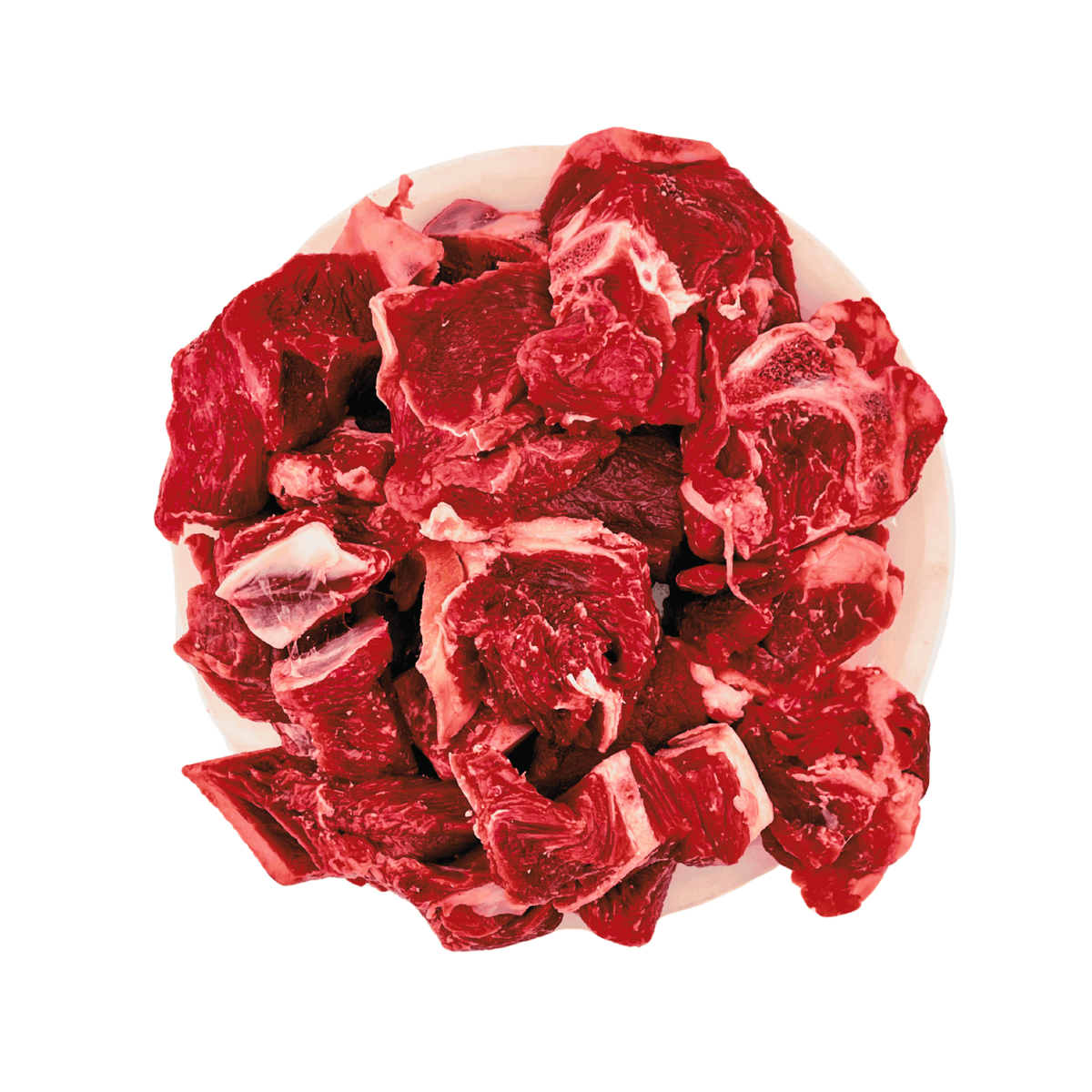 Plate of fresh red beef cuts with bone isolated on white background
