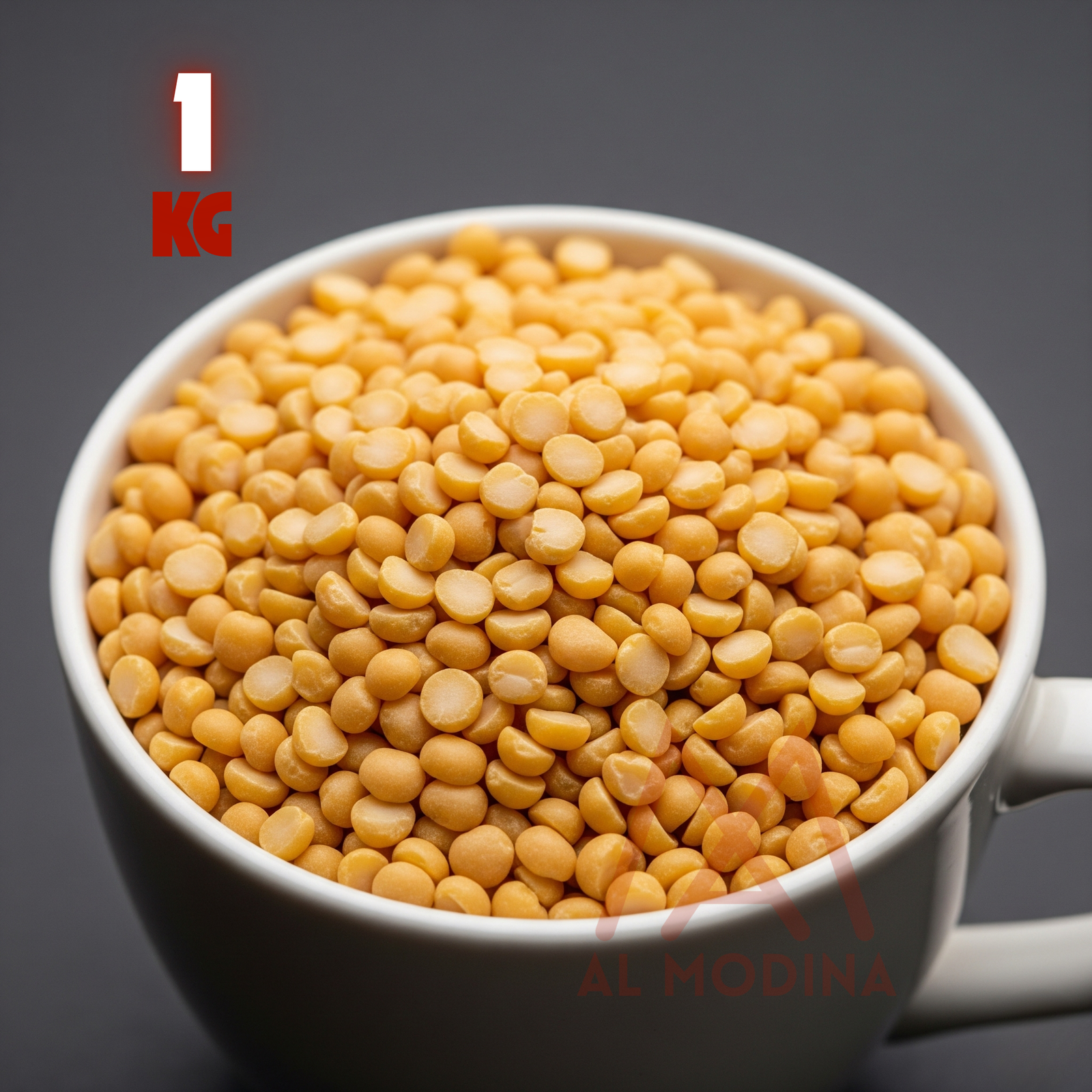 1 kg chana dal in a white bowl on a dark background, Al Modina branding visible