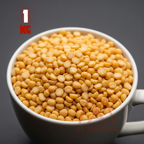 1 kg chana dal in a white bowl on a dark background, Al Modina branding visible