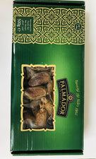 Palmador premium dates from Tunisia in green patterned 500g box with transparent window
