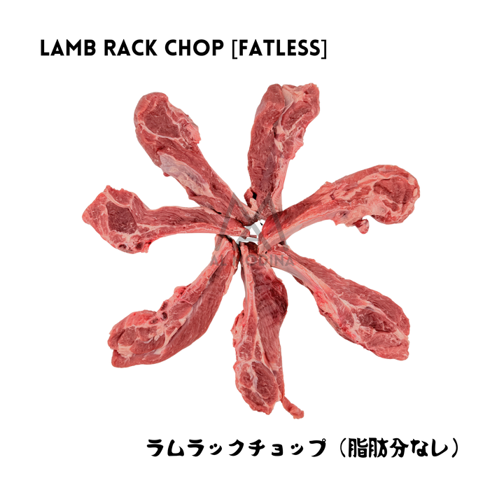 Seven raw, fresh halal fatless lamb rack chops arranged in a circular star pattern. Features the AL MODINA Halal Food logo with English and Japanese text indicating "Lamb Rack Chop (Fatless)"
