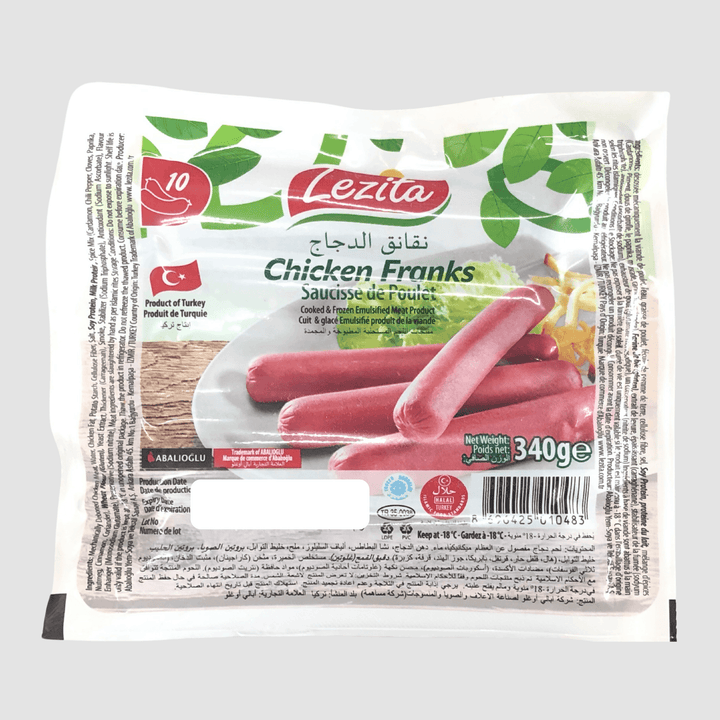 Lezita Chicken Franks 340g pack with green leaf design, Turkish product, halal certified