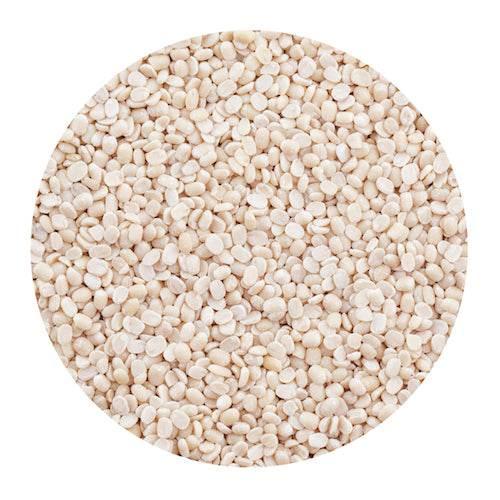 close-up of white chia seeds densely packed in circular frame on white background