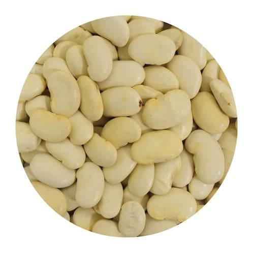 Close-up of raw white kidney beans in a circular frame, smooth texture and pale color