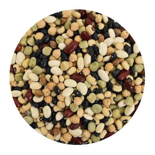 Close-up of mixed dry beans and legumes including black, white, red, and green varieties