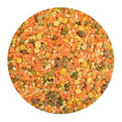 Close-up of mixed dried lentils and split peas in orange, green, yellow, and brown colors