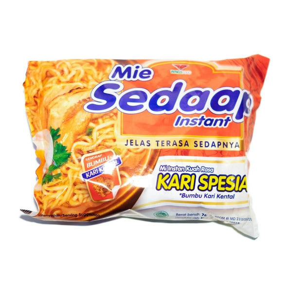 Mie Sedaap instant noodles Kari Spesial flavor pack with chicken and noodles on orange background
