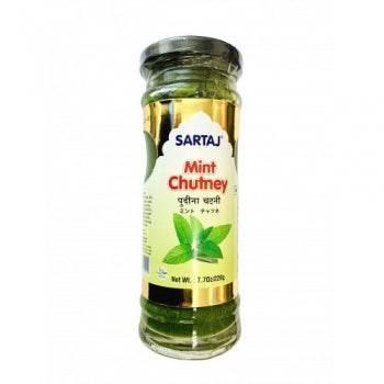 Sartaj Mint Chutney in clear glass jar with green chutney and label showing mint leaves