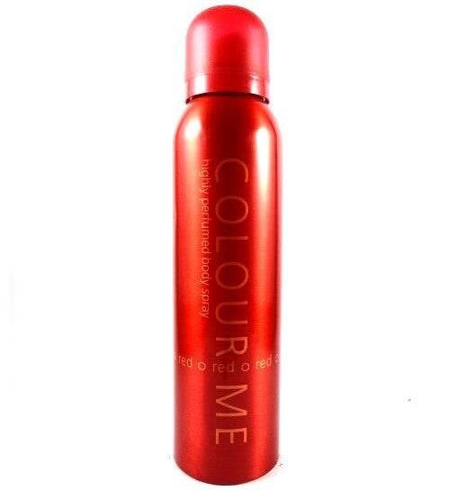 Red metallic Colour Me body spray bottle with a cap on white background