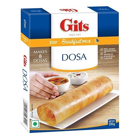 Gits Dosa breakfast mix box showing a dosa with chutney and sambar, no preservatives, 200g