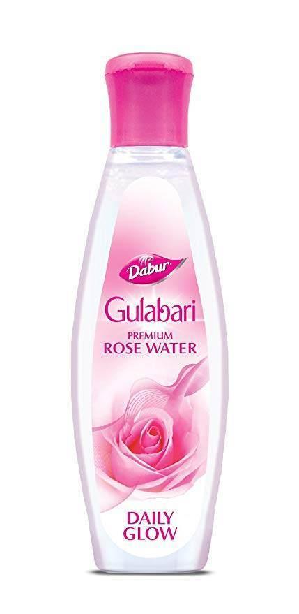 Dabur Gulabari Premium Rose Water bottle with pink cap and rose design for daily glow skin care