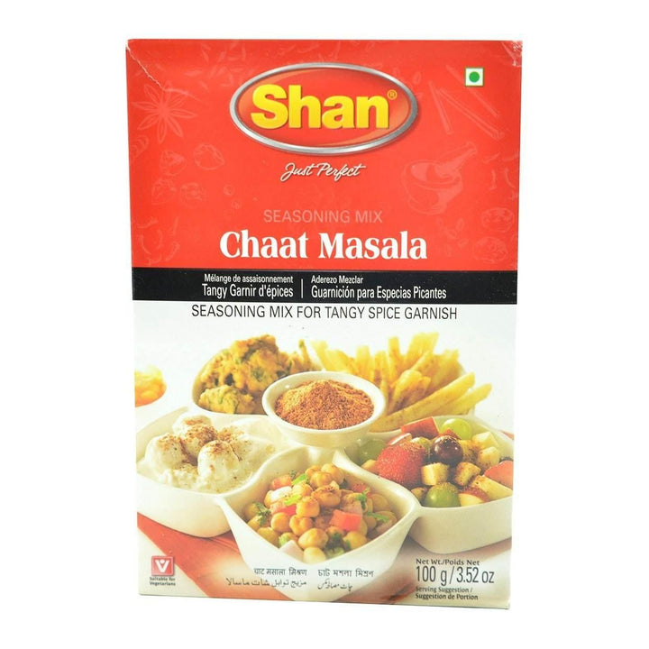 Shan Chaat Masala seasoning mix package for tangy spice garnish, 100g box