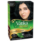 Vatika Henna Natural Black hair colour box featuring woman with black hair, no ammonia, 100% grey coverage