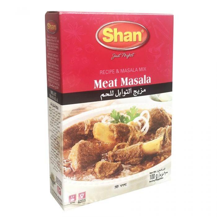 Shan Meat Masala recipe and spice mix box with lamb curry image on packaging