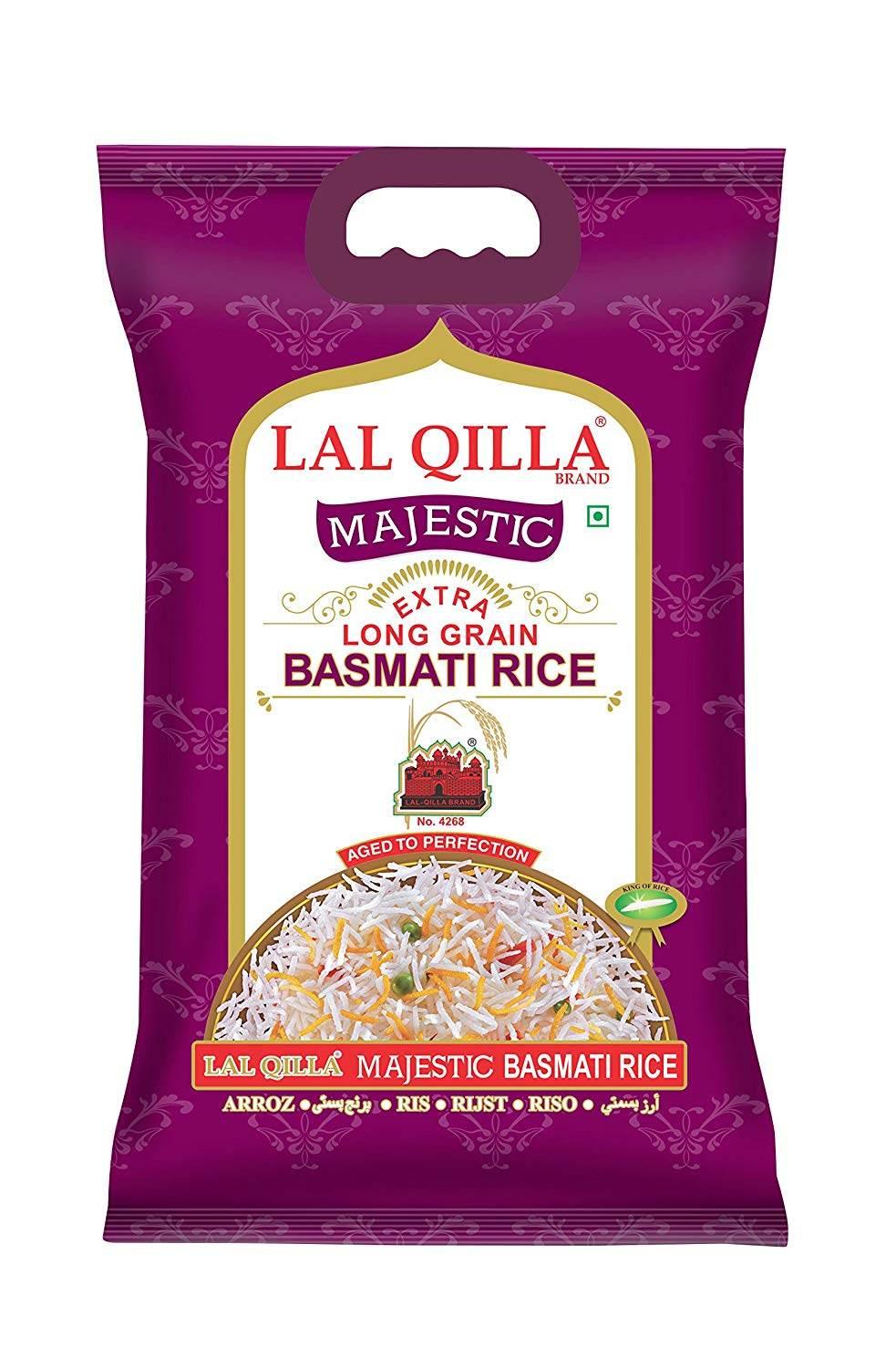 Lal Qilla Majestic Extra Long Grain Basmati Rice bag with cooked rice image and purple design