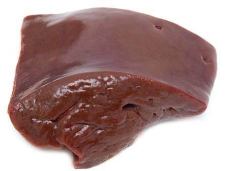 Fresh raw beef liver piece on a white background, highlighting its smooth, glossy texture