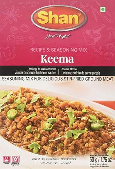 Shan Keema Recipe &amp; Seasoning Mix for stir-fried ground meat, 50g packet with cooked keema garnished with green chilies and coriander