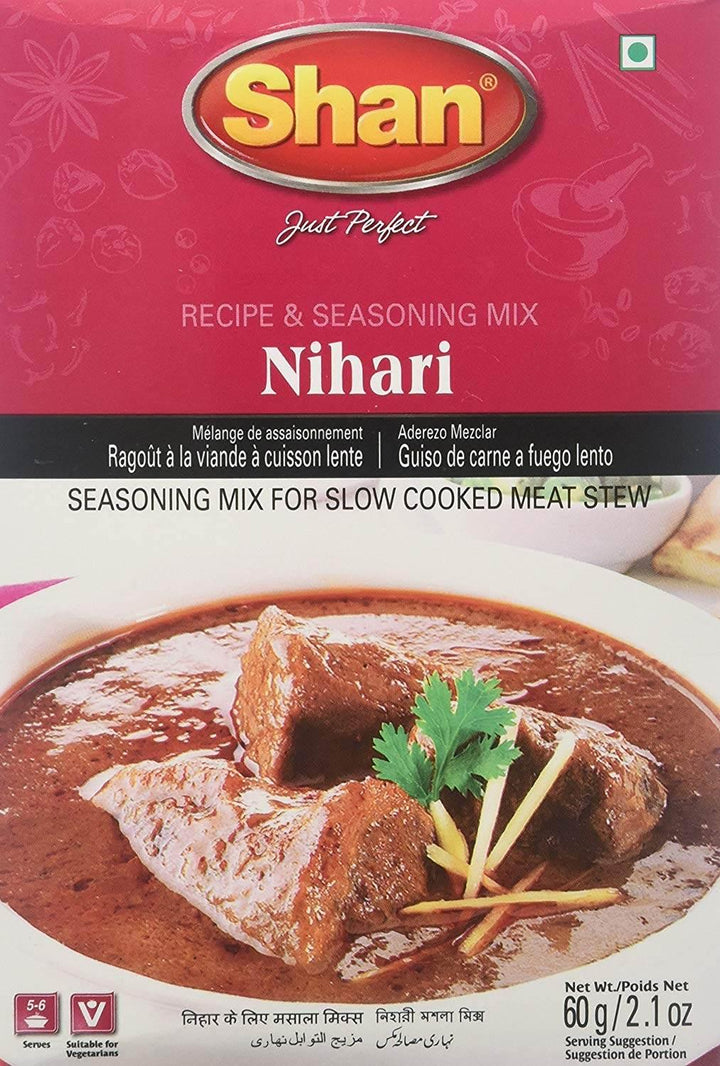 Shan Nihari Recipe and Seasoning Mix box for slow cooked meat stew with red background and meat curry image