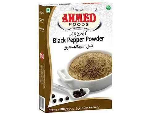 Ahmed Foods Black Pepper Powder 100g box with bowl of ground black pepper and whole peppercorns