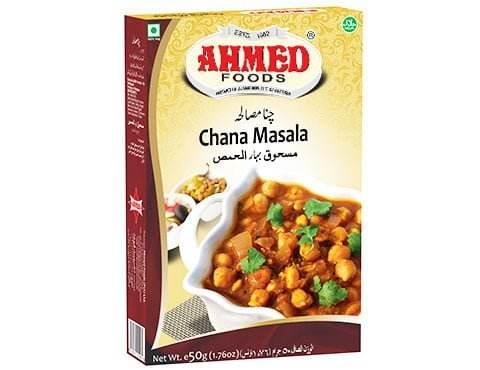 Ahmed Foods Chana Masala 50g package featuring spiced chickpea curry in white bowl with cilantro garnish