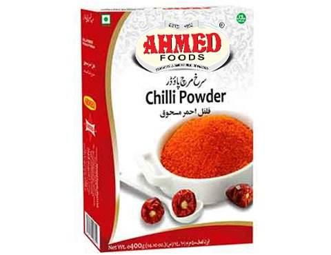 Ahmed Foods Chilli Powder 400g box with red chili powder and dried chili peppers on white background