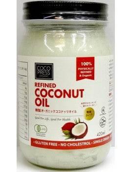 420ml jar of Coco Press refined organic coconut oil with black lid and red-white label