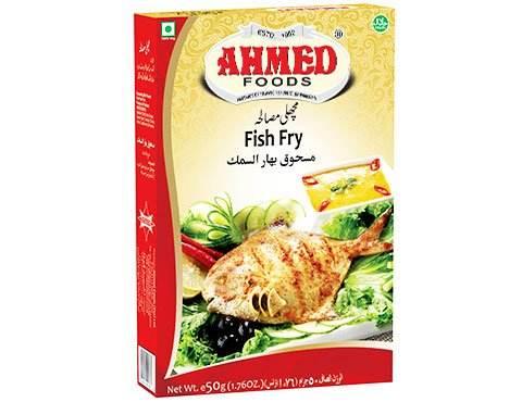 Ahmed Foods Fish Fry 50g spice mix box with grilled fish and vegetables on packaging